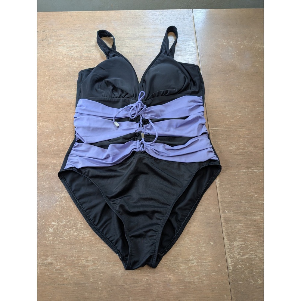 MagicSuit Womens Black Lavender Ruched Lace Up One Piece Swimsuit size 14*